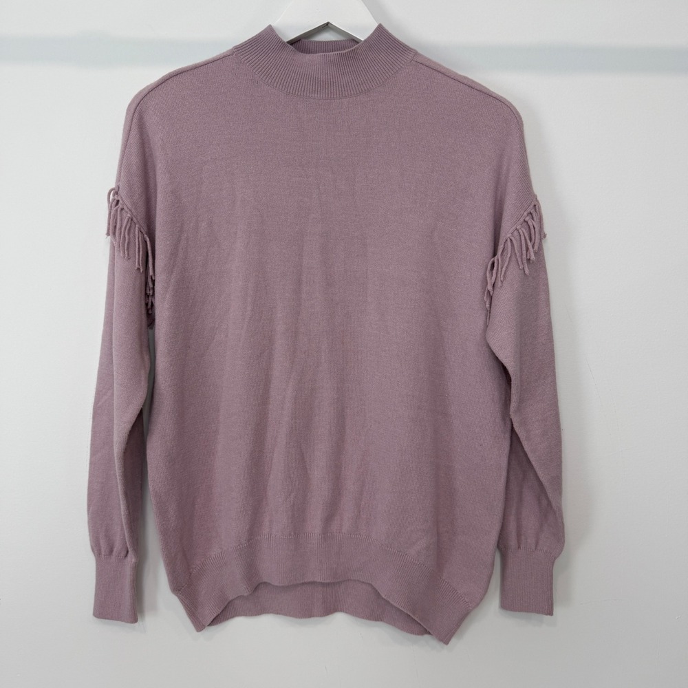 Elliott Lauren Mock Neck Fringe Shoulder Sweater Mauve Purple Merino Blend M